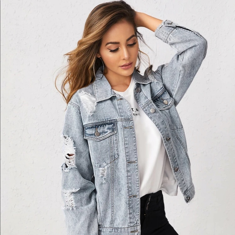 SHEIN Blue Ripped Denim Jacket